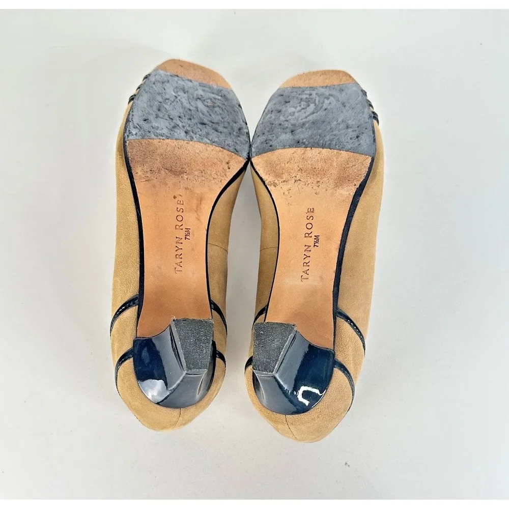 Taryn Rose Womens 7.5 M Chari Suede Leather Pump Patent Heel Beige Tan Round Toe